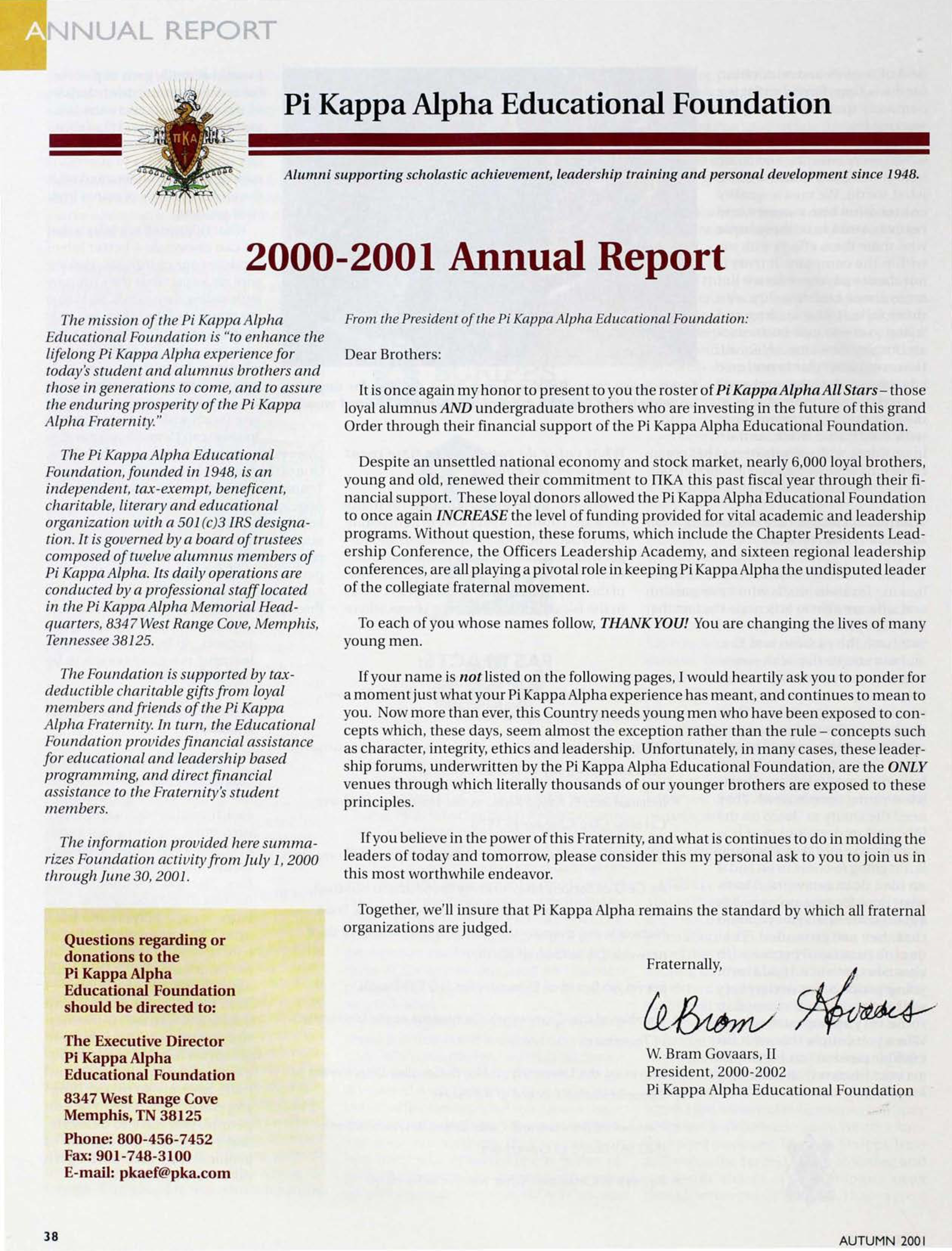 Pi Kappa Alpha Educational Foundation: 2000-2001 Annual Report, Autumn 2001